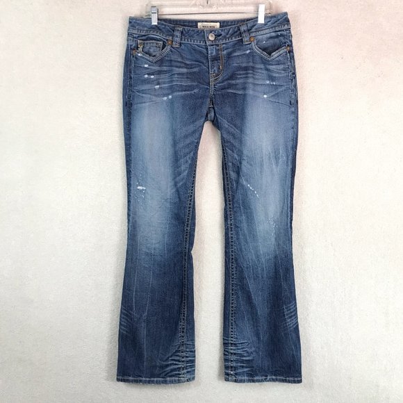 MEK Prague Boot Cut Jeans Womens 31x34 Medium Wash Denim Mid Rise Distressed - Picture 1 of 15